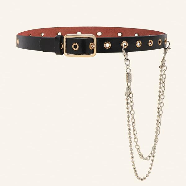 

1pc Metal Buckle Belt With 1pc Belt Chain, Black