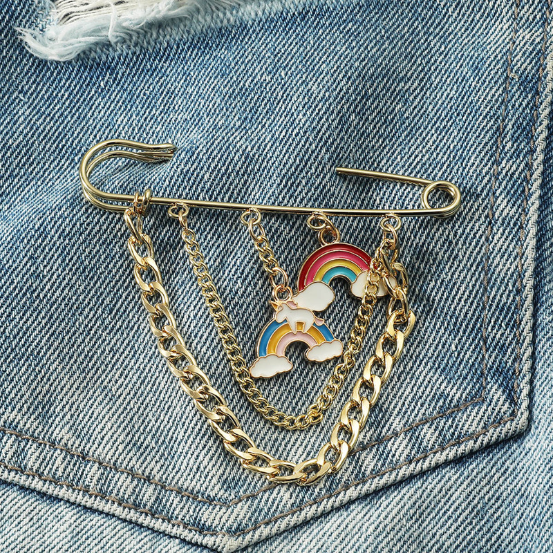 

Rainbow & Chain Decor Safety Pin Brooch, Multicolor