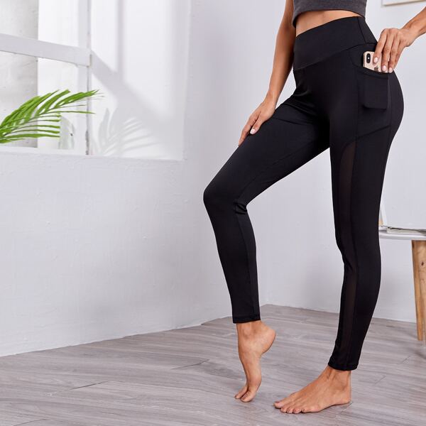 

Wide Waist Band Contrast Mesh Sports Leggings With Phone Pocket, Black