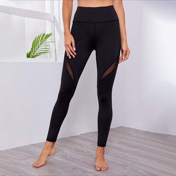 

Wide Waist Band Contrast Mesh Sports Leggings, Black