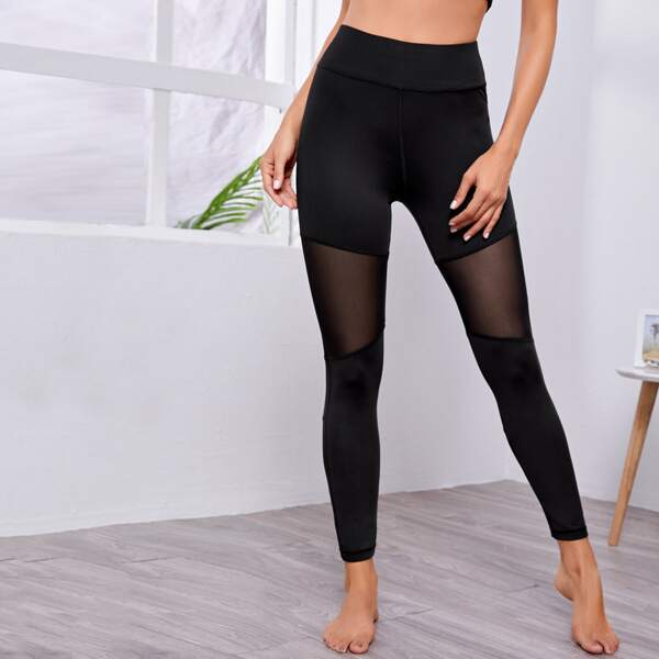 

Wide Waist Band Contrast Mesh Sports Leggings, Black