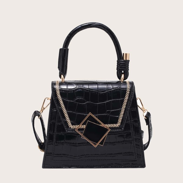 

Croc Embossed Flap Satchel Bag, Black