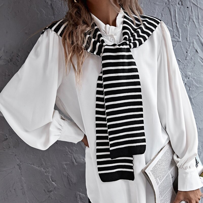 

Striped Fake Collar Knitted Shawl, Black and white