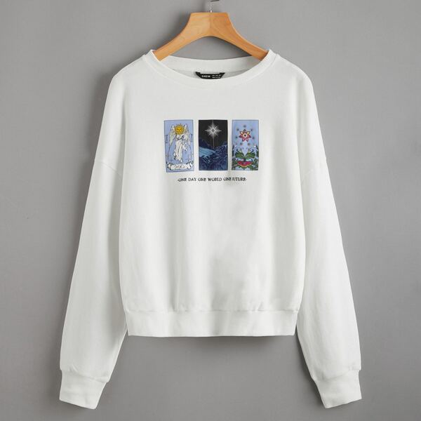 

Drop Shoulder Letter and Graphic Print Pullover, White