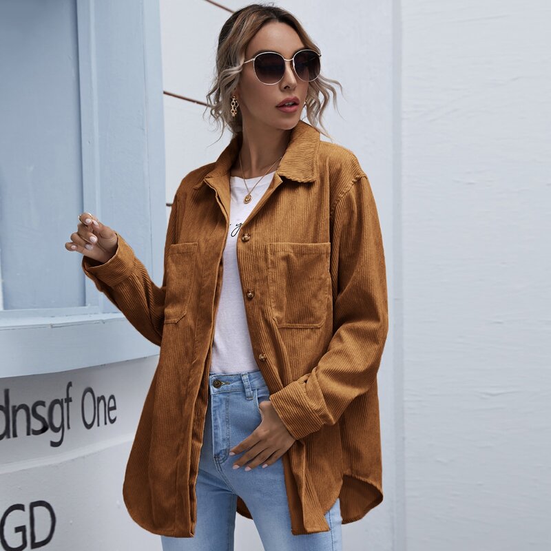 

Button Front Curved Hem Corduroy Coat, Brown