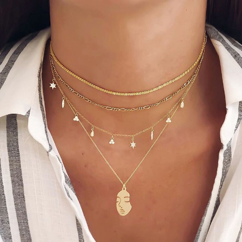 

Human Face Layered Necklace, Gold