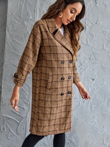 Plaid Lapel Collar Double Breasted Coat