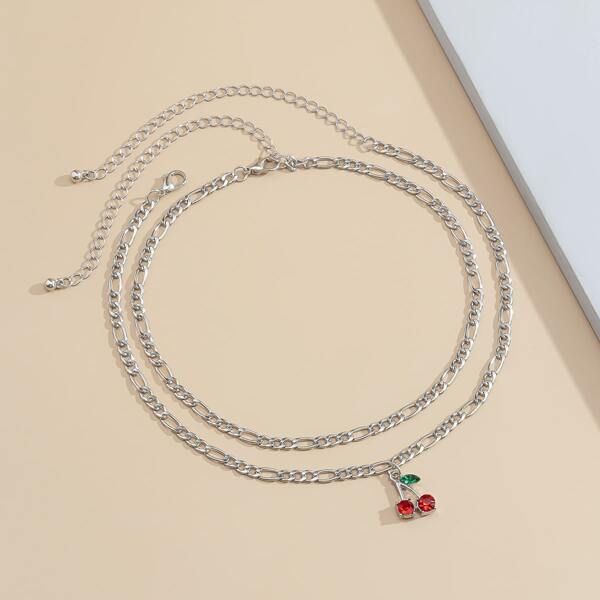 

2pcs Rhinestone Cherry Pendant Necklace, Silver