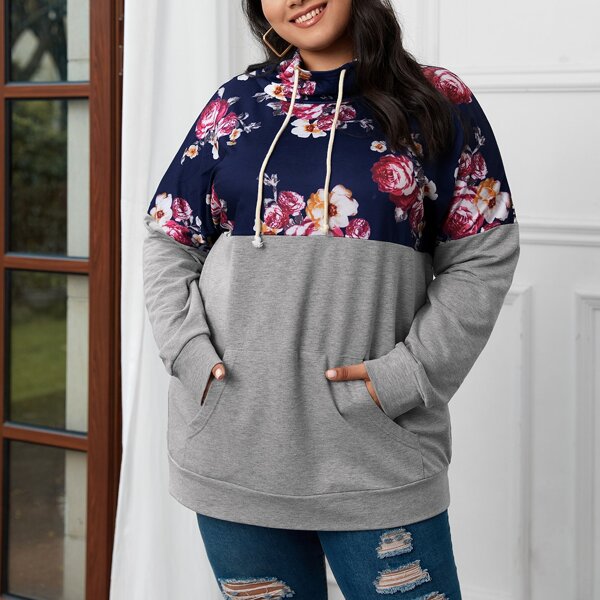 

Plus Contrast Floral Panel Drawstring Sweatshirt, Multicolor