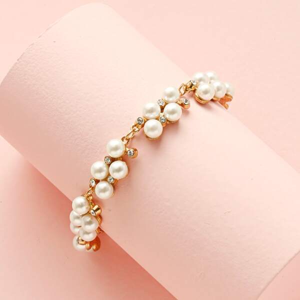 

Rhinestone & Faux Pearl Decor Bracelet, Gold