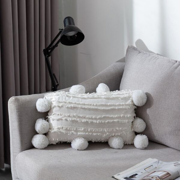 

Pom Pom Lumbar Pillow Cover Without Filler, White