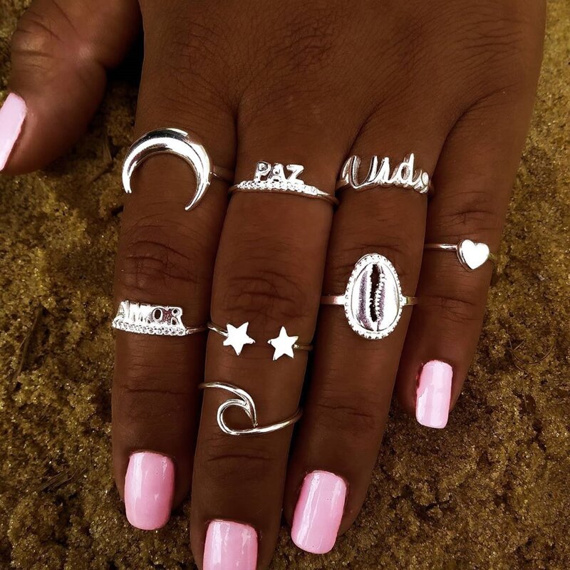 

8pcs Heart Decor Ring Set, Silver