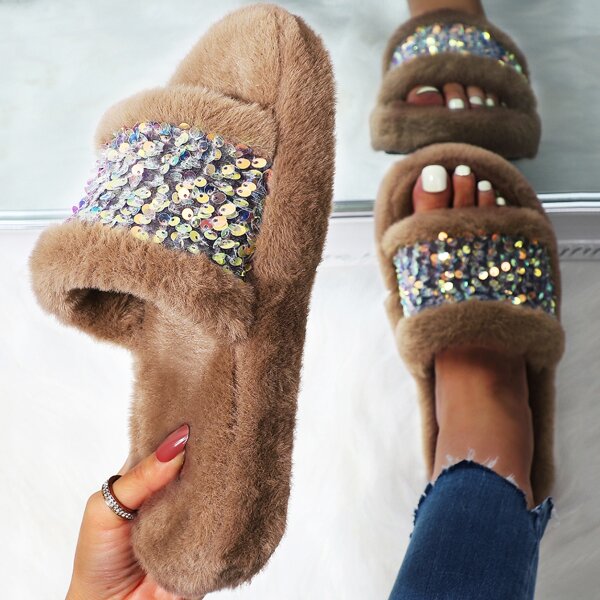 

Sequin Decor Fluffy Slippers, Brown
