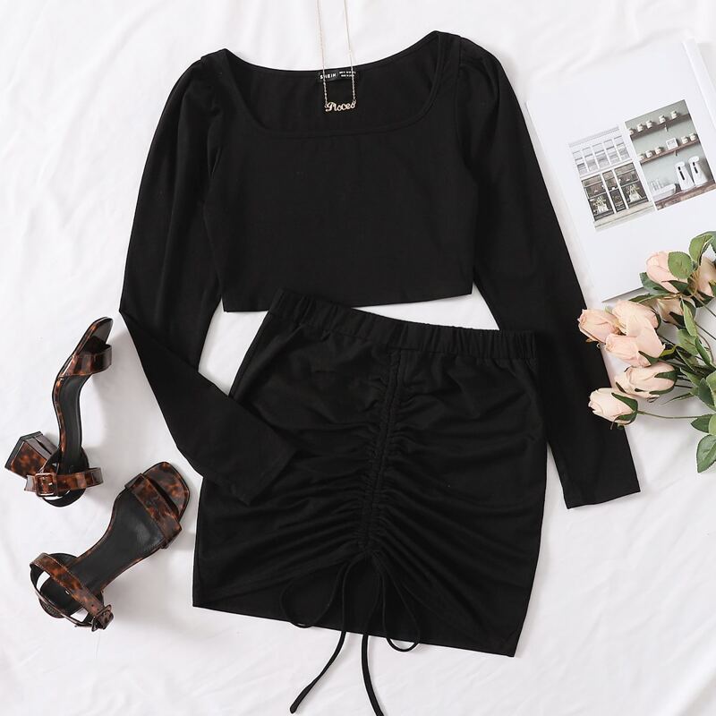 

Scoop Neck Crop Top & Drawstring Knot Skirt Set, Black