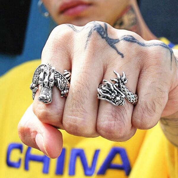 

2pcs Men Chinese Dragon Design Ring, Silver