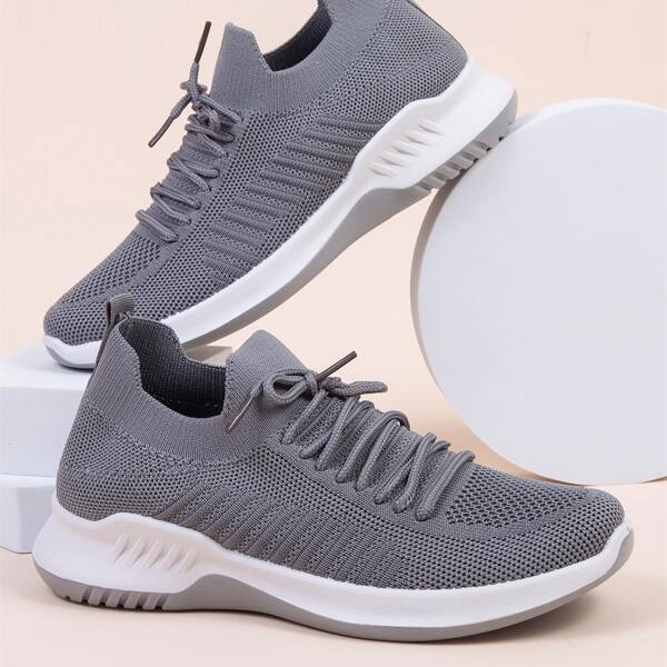 

Lace Up Decor Wide Fit Knit Sneakers, Grey