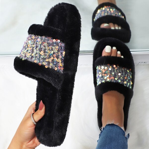 

Sequin Decor Fluffy Slippers, Black
