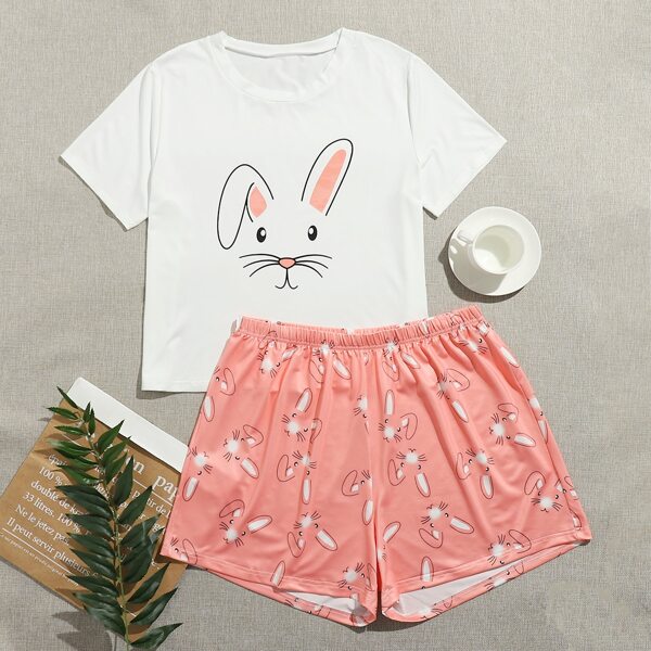 

Plus Cartoon Graphic Tee & Shorts PJ Set, Multicolor