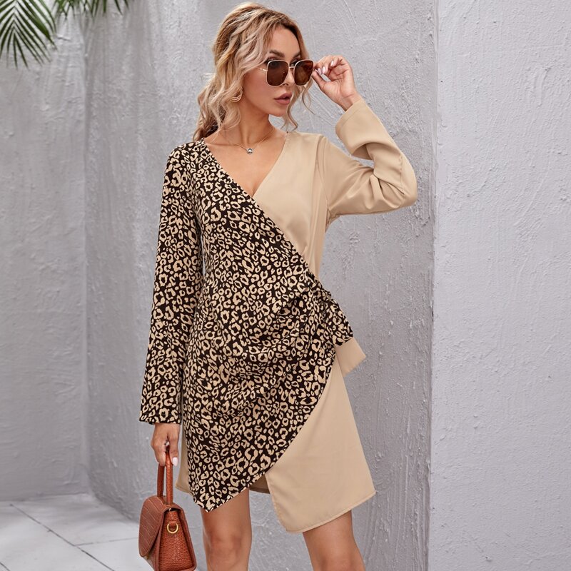 

Color Block Leopard Wrap Knotted Dress, Multicolor