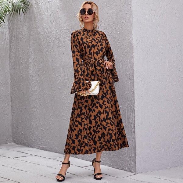 

Mock Neck Bell Sleeve Belted Allover Print Dress, Multicolor