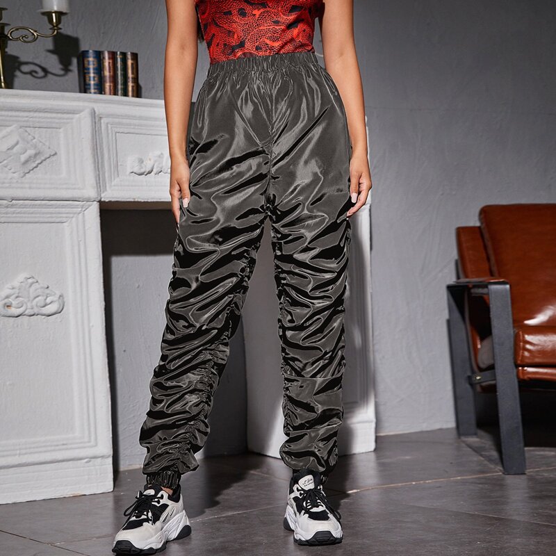 

Ruched Side Solid Windbreaker Pants, Dark grey