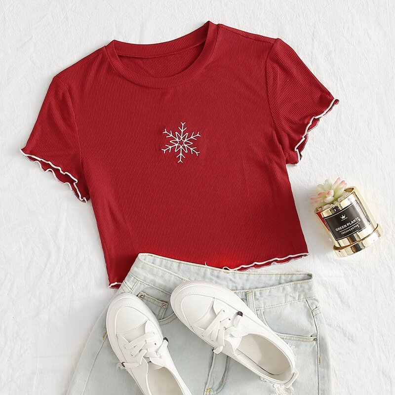 

Snowflake Embroidery Lettuce Trim Tee, Red