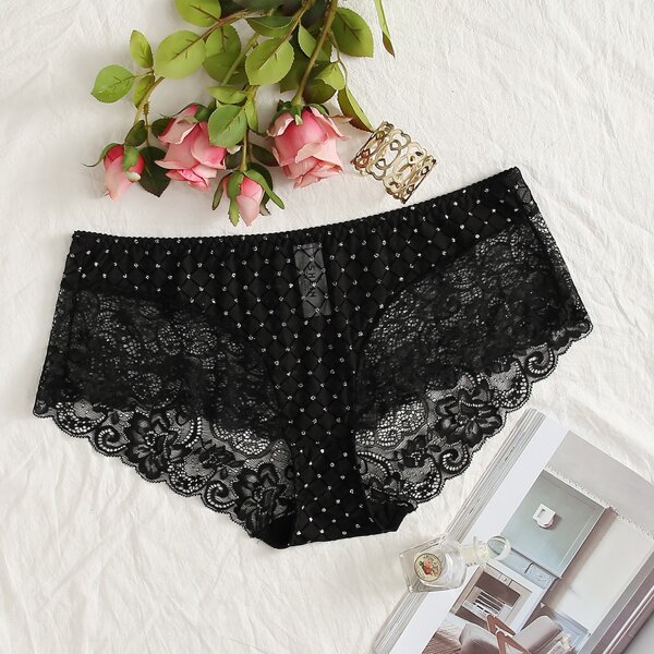 

Plus Grid Mesh Floral Lace Panty, Black