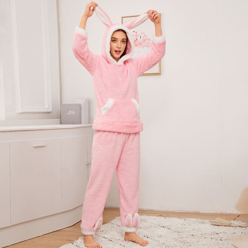 

3D Ear Design Kangaroo Pocket Flannel Pajama Set, Baby pink
