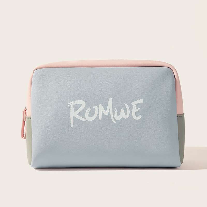 

ROMWE Logo Print Colorblock PU Cosmetic Storage Bag, Dusty blue