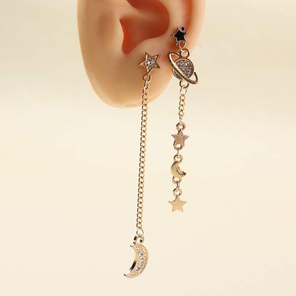 

Star & Moon Mismatched Chain Drop Earrings, Gold