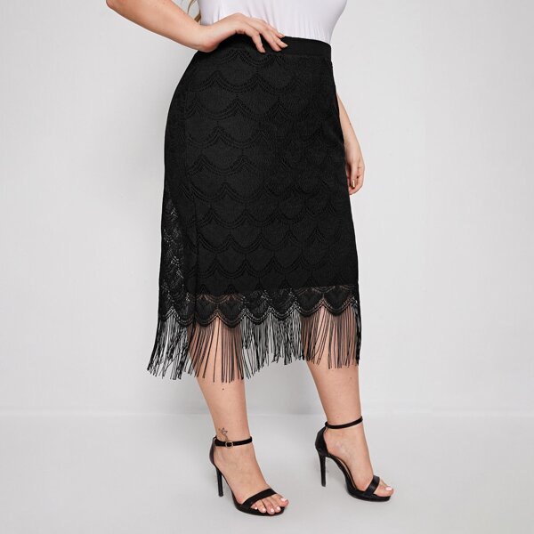 

Plus Fringe Hem Open Knit Skirt, Black