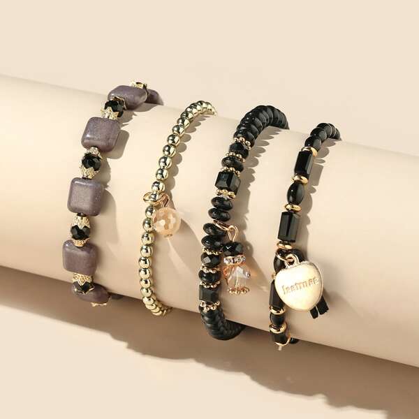 

4pcs Heart Charm Beaded Bracelet, Multicolor