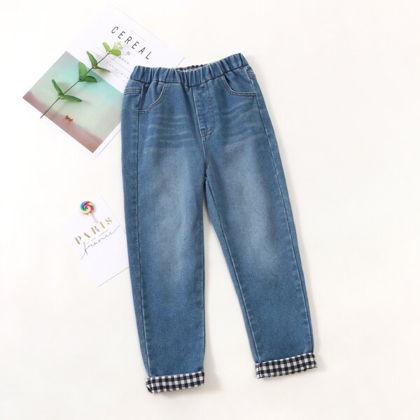 

Toddler Boys Gingham Rolled Hem Jeans, Medium wash