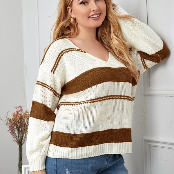 

Plus Drop Shoulder Striped Sweater, White