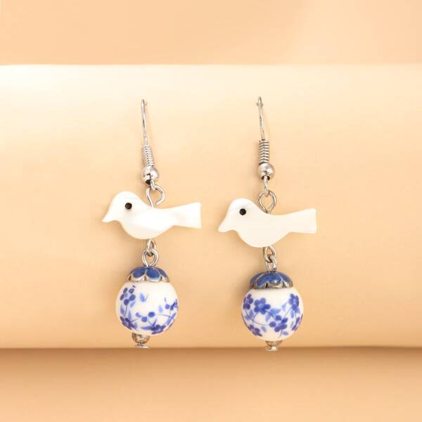 

Bird Decor Ball Drop Earrings, White