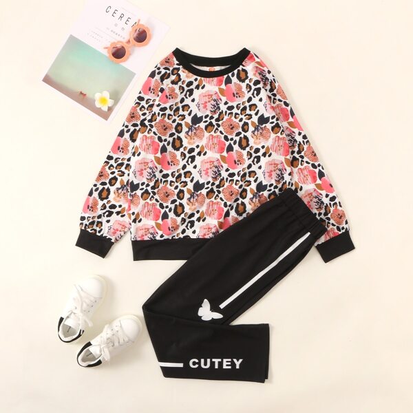 

Girls Leopard Print Sweatshirt & Side Stripe Sweatpants, Multicolor