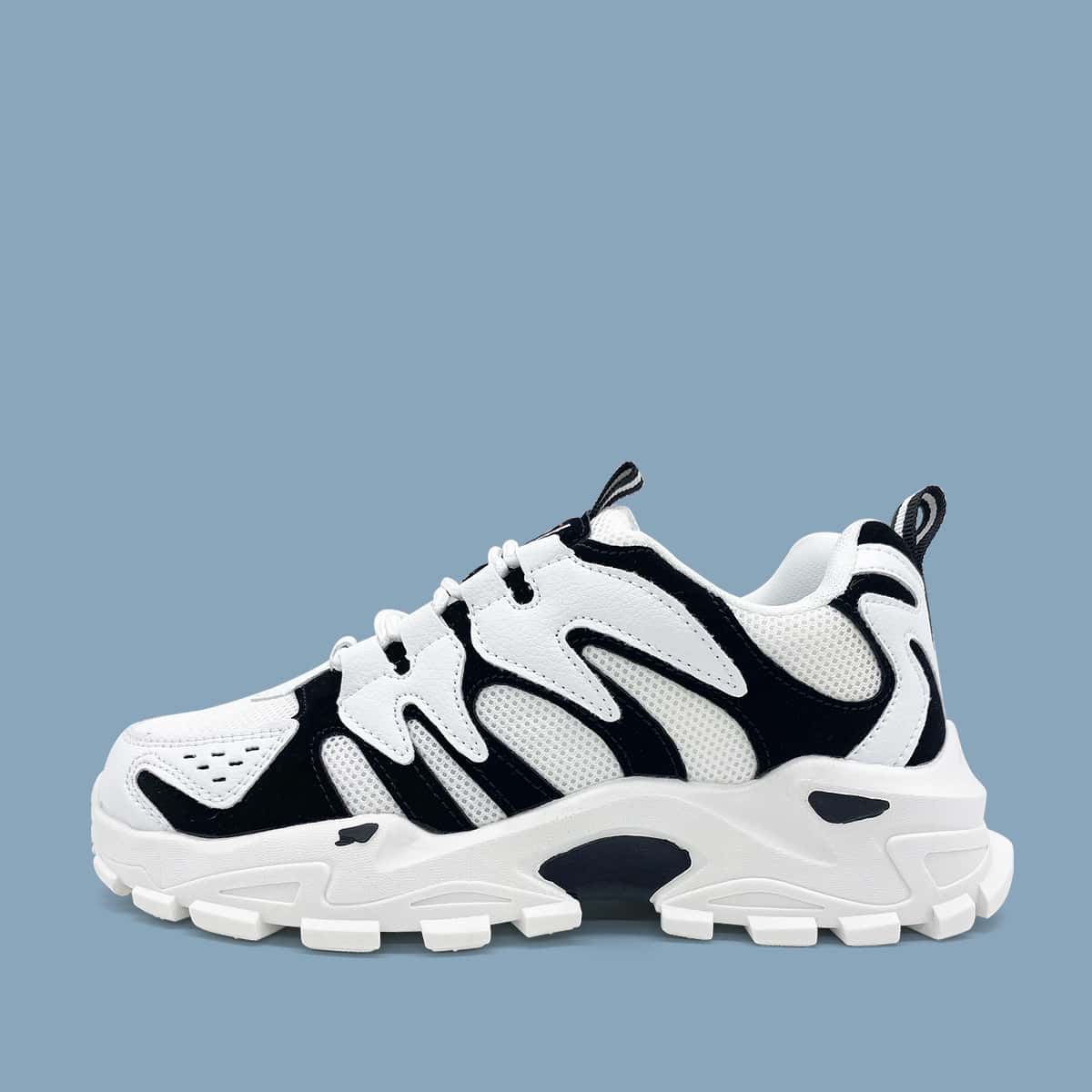 

Lace Up Front Mesh Panel Chunky Sneakers, Black and white
