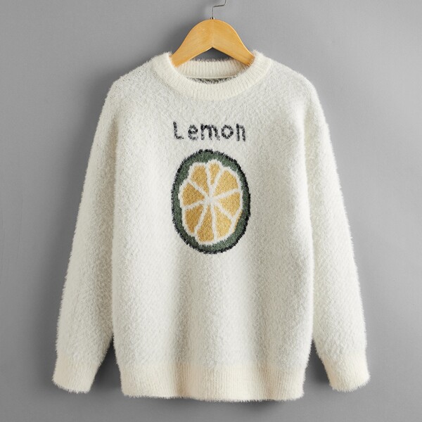 

Girls Lemon Pattern Drop Shoulder Sweater, White