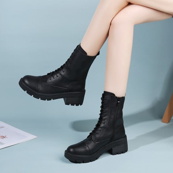 

Lace-up Front Chunky Heeled Boots, Black