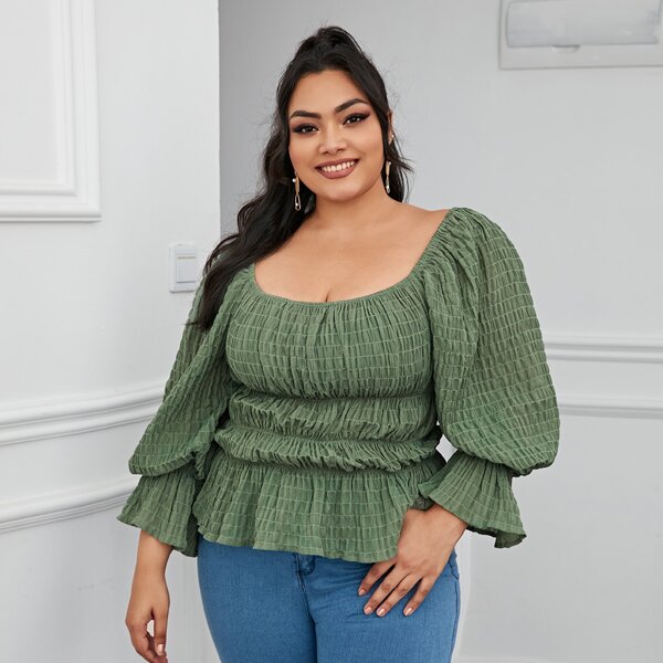 

Plus Flounce Sleeve Shirred Peplum Top, Green