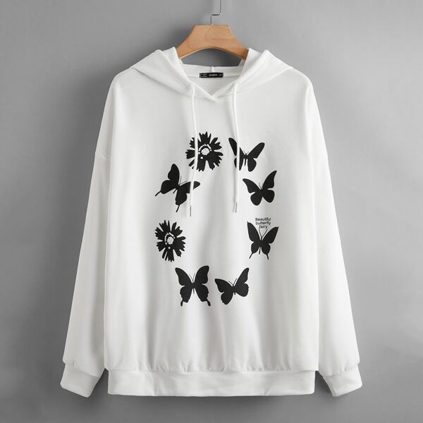 

Plus Butterfly & Floral Print Drawstring Hoodie, White