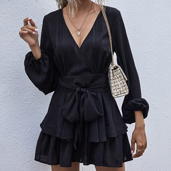 

Solid Bishop Sleeve Belted Skirt Romper, Black