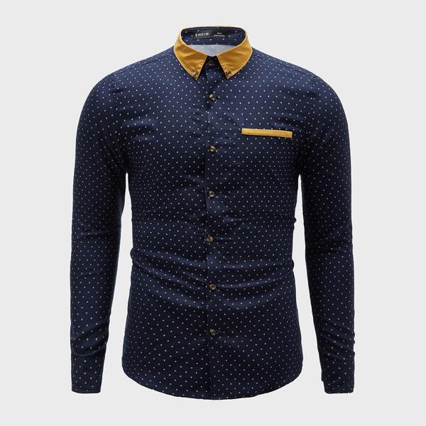 

Men Contrast Collar Allover Print Shirt, Navy blue