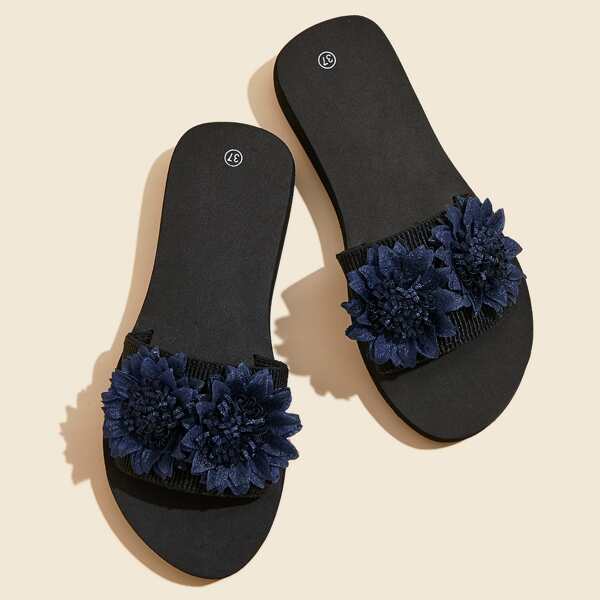 

Flower Appliques Slides, Navy blue