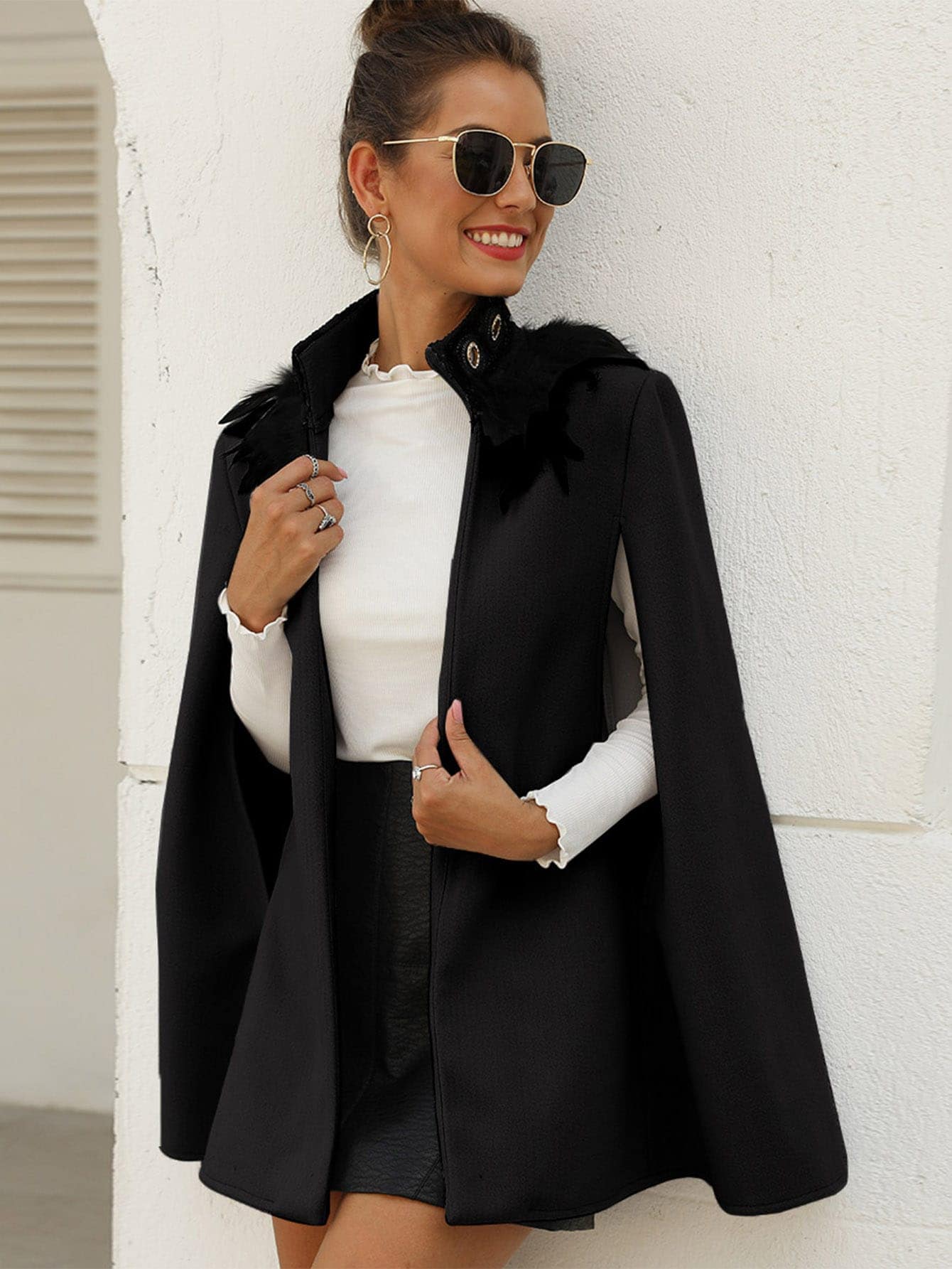 SHEIN Clasi Áo khoác lông chim màu trơn Thanh lịch - màu đen - Xem 1