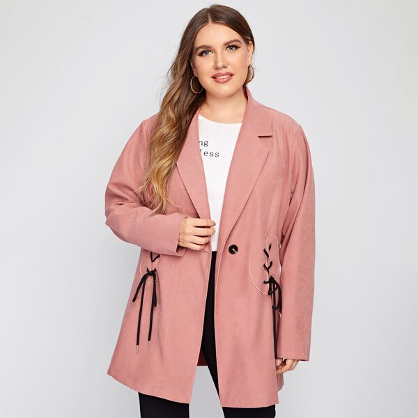 

Plus Garment Eyelets Lace Up Single Button Blazer, Dusty pink