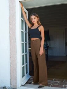 Wide Leg Corduroy Trousers - Mocha Brown - View 3