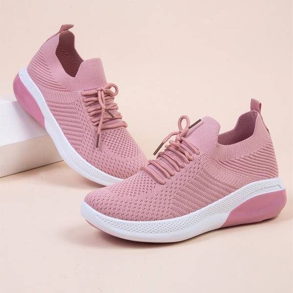 

Lace Up Decor Knit Chunky Sneakers, Pink