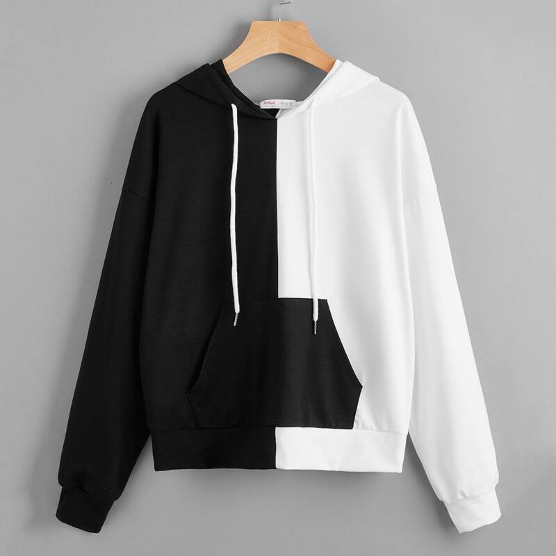 

Skull Graphic Colorblock Oversized Hoodie, Black and white