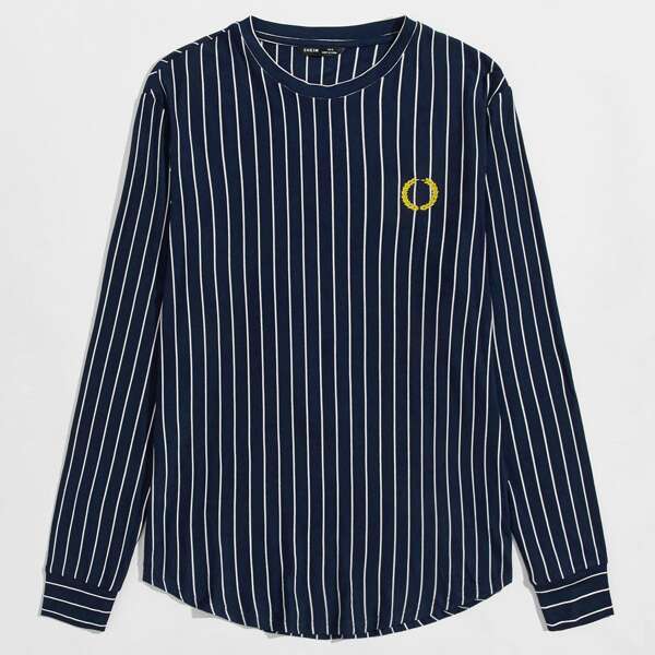 

Men Embroidery Detail Curved Hem Striped Top, Navy blue